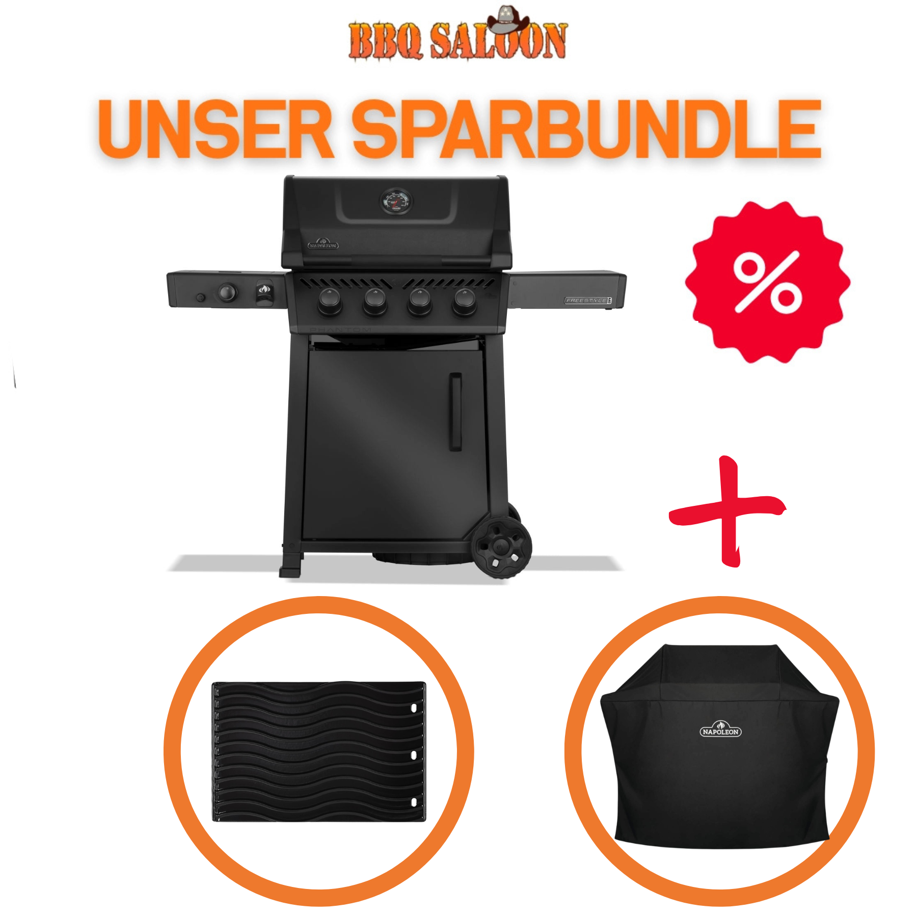 Napoleon Gasgrill Phantom Freestyle PRO 425 Bundle – Mattschwarz (Modell 2026) mit Sizzle Zone, Abdeckhaube & Grillplatte