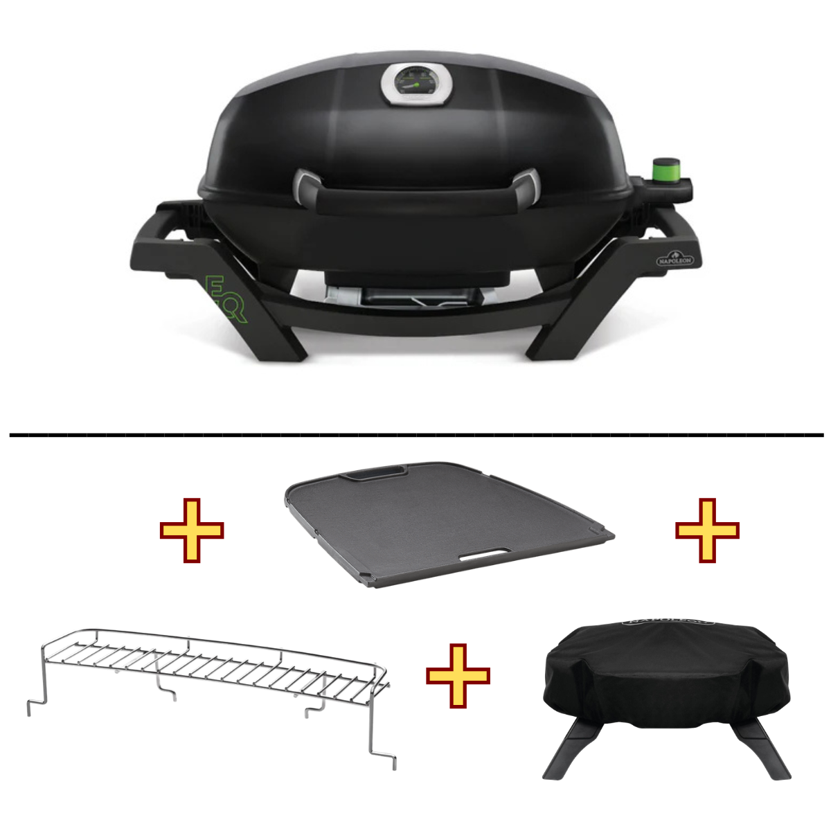 Napoleon TravelQ PRO285E, Elektrogrill BUNDLE inkl. Gussplatte, Abdeckhaube und Warmhalterost