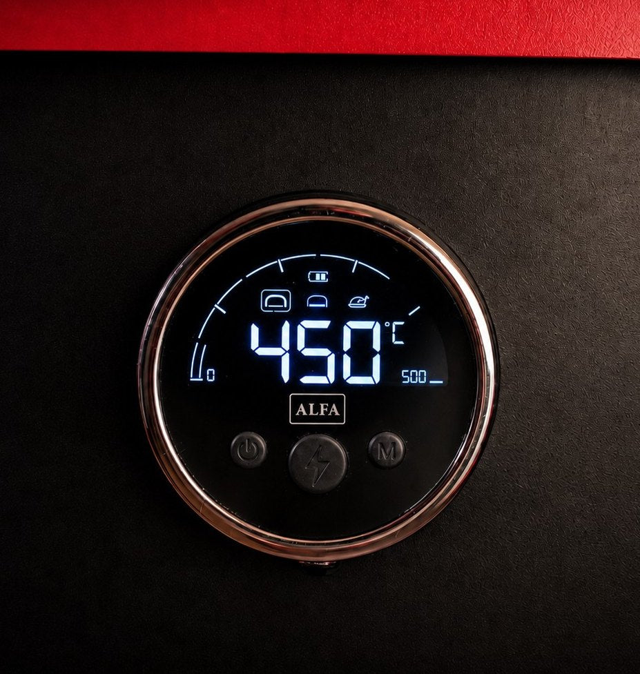 Digitales Frontdisplay des Alfa Forni EVO mit Backkammer-, Schamottboden- und Kerntemperatur