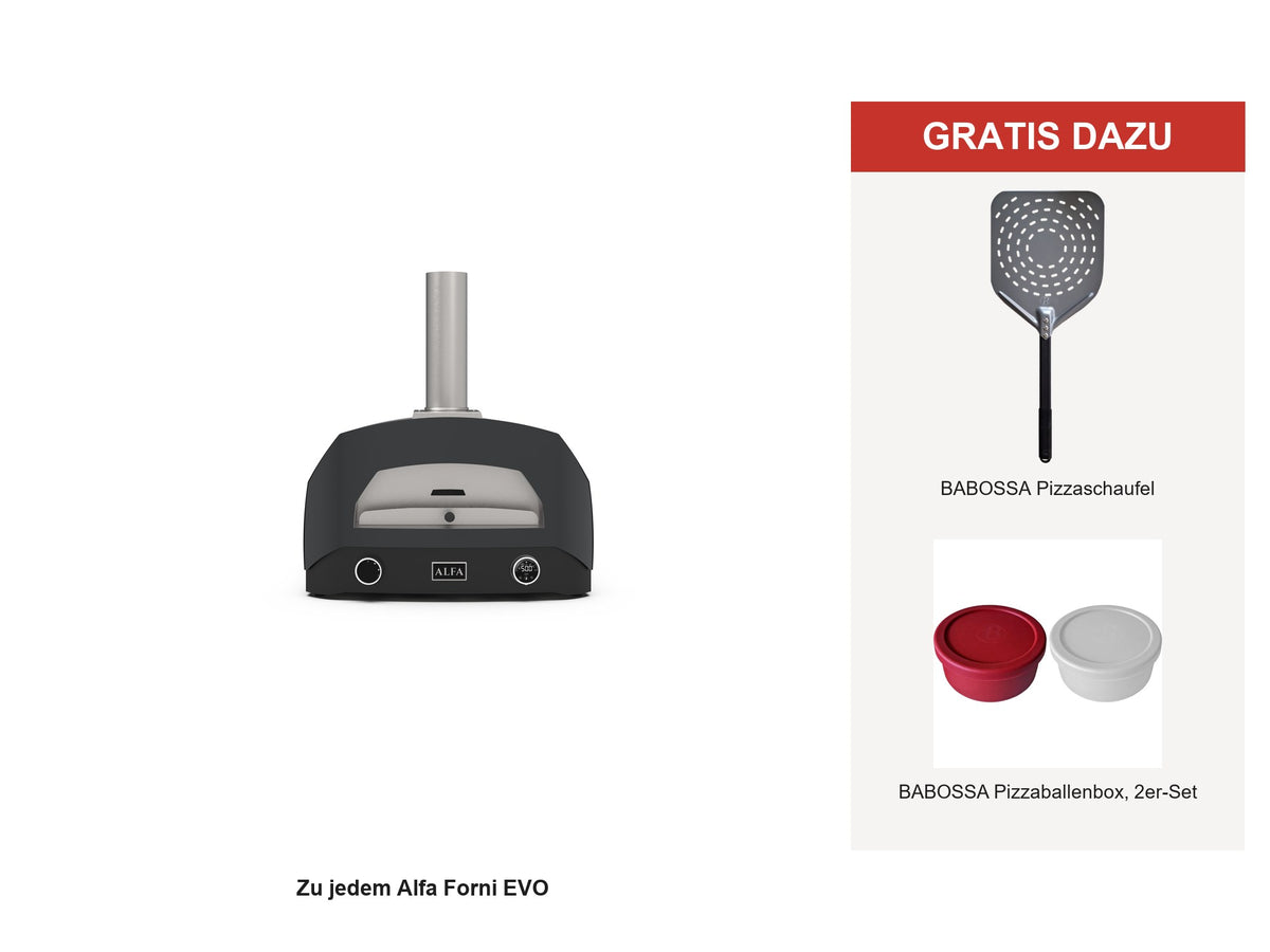 Launch-Geschenk: BABOSSA Pizzaschaufel und BABOSSA Pizzaballenbox gratis zu jedem Alfa Forni EVO