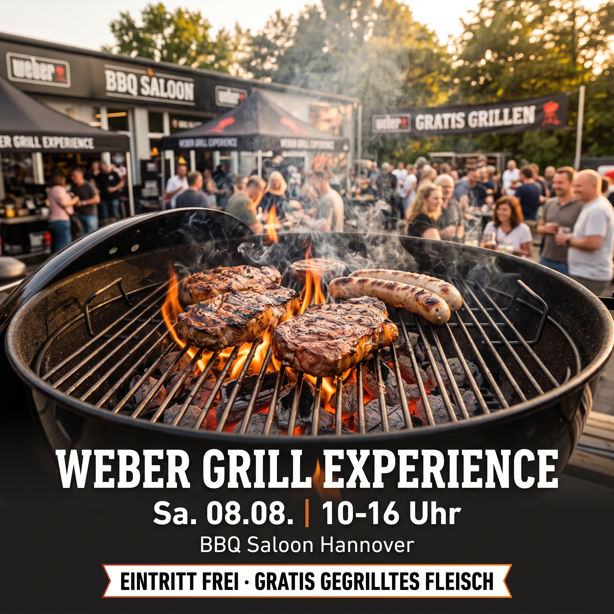 Steaks und Bratwurst auf dem Weber Kugelgrill beim BBQ Saloon Event