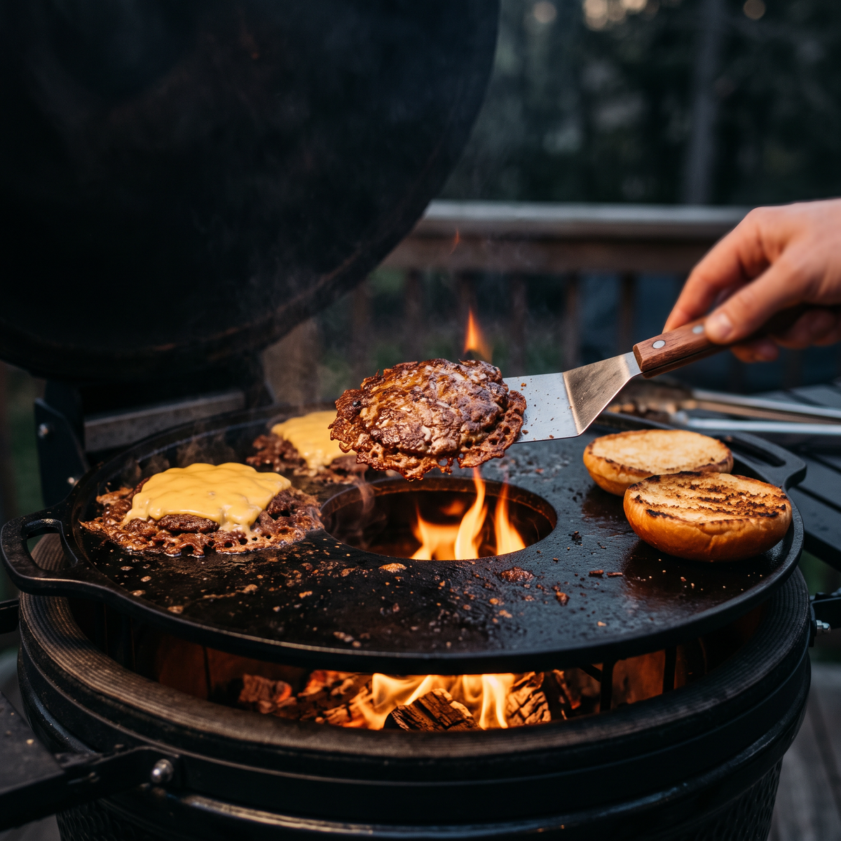 Smashed Burger auf der Feuerplatte des Monolith Keramikgrills