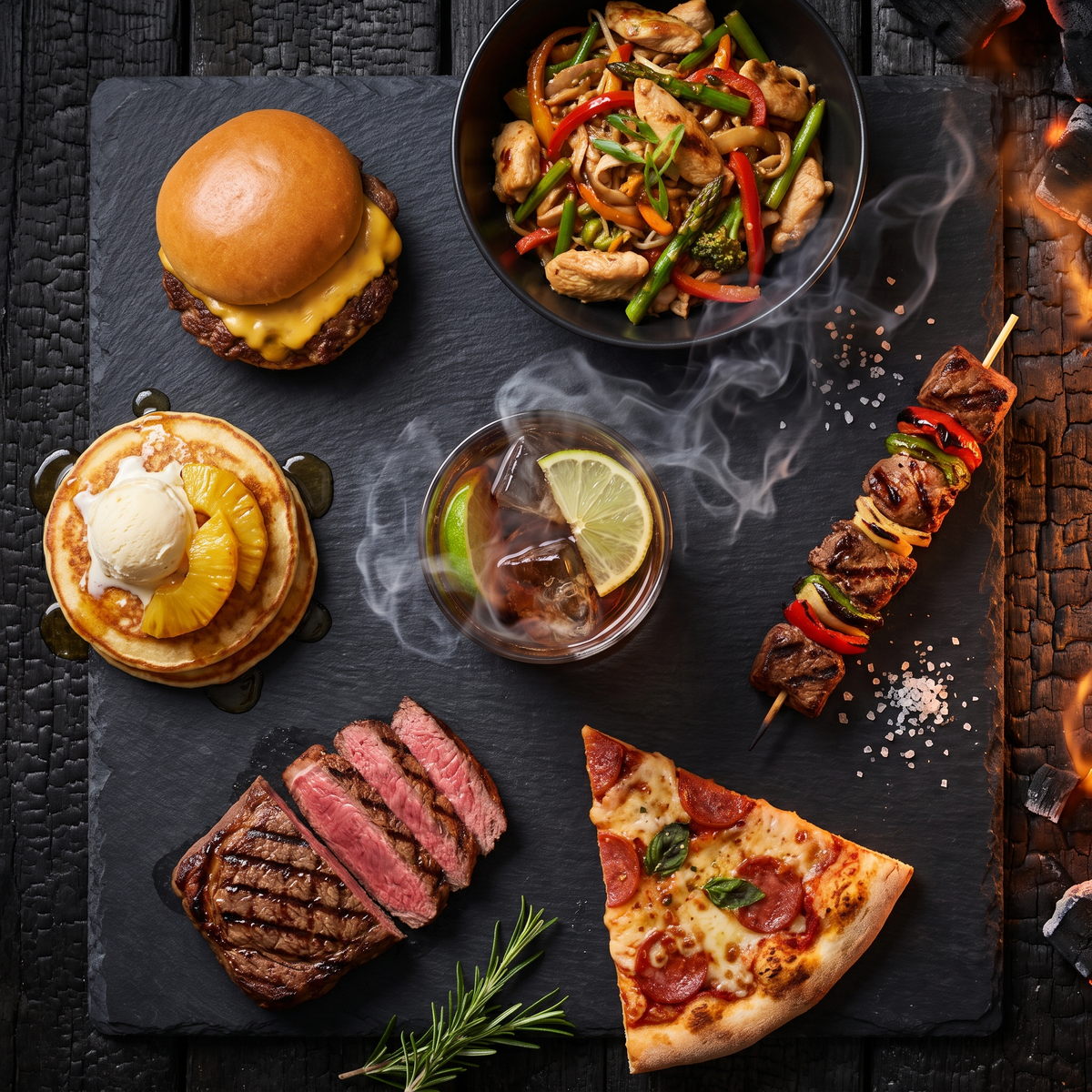 6-Gänge-Menü des Monolith Grillseminars – Smashed Burger, Wok, Schaschlik, Pizza, Steak, Pancakes